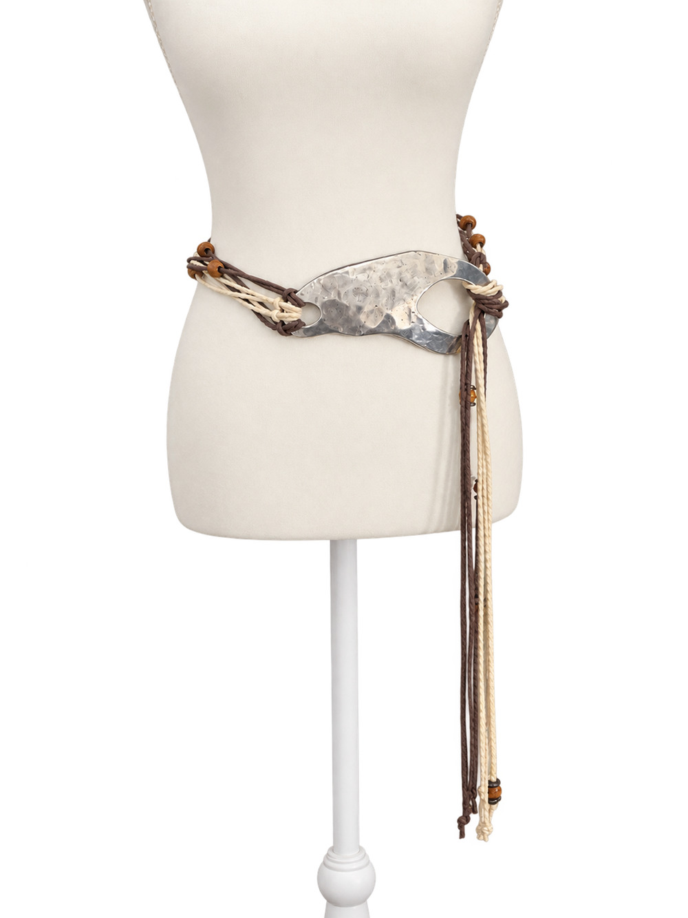 Boho Western Hammered Silver Tone Statement Tie Belt Brown Ivory Cord